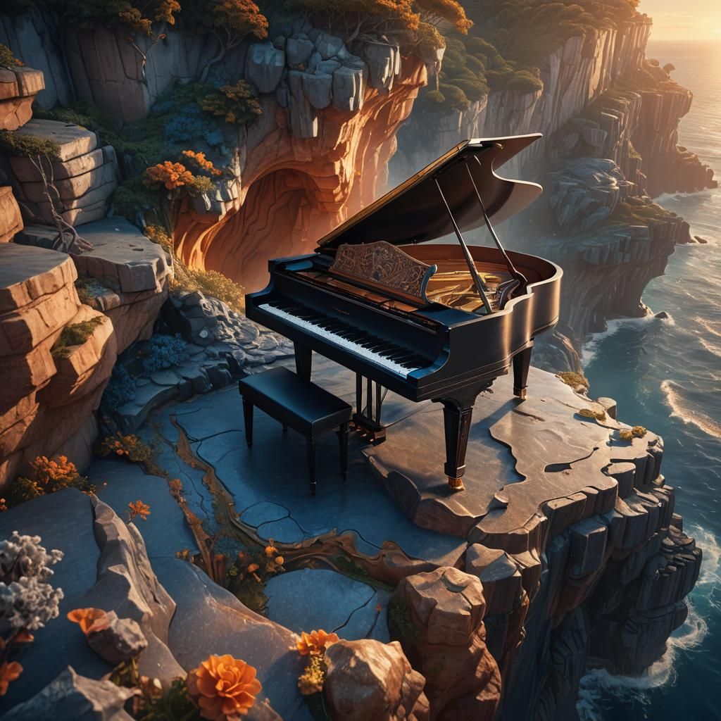 Grand Piano on Cliff at Sunrise: Fantasy Art