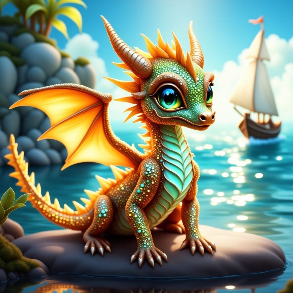<lora:Flux Sparkly Dragon:1.0> Bejeweled citrine baby dragon, big expressive eyes, intricate sparkling gemstone scales, symmetrical wings; s...