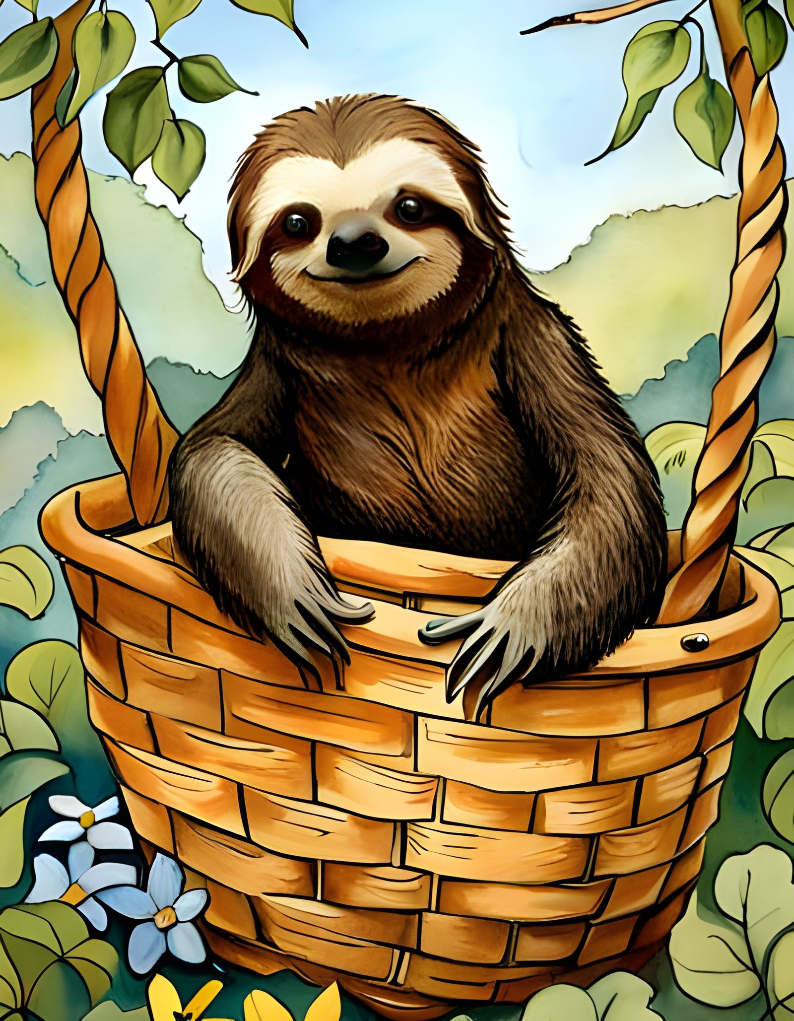 Sloth in a Basket  by @Prettysleepy Art