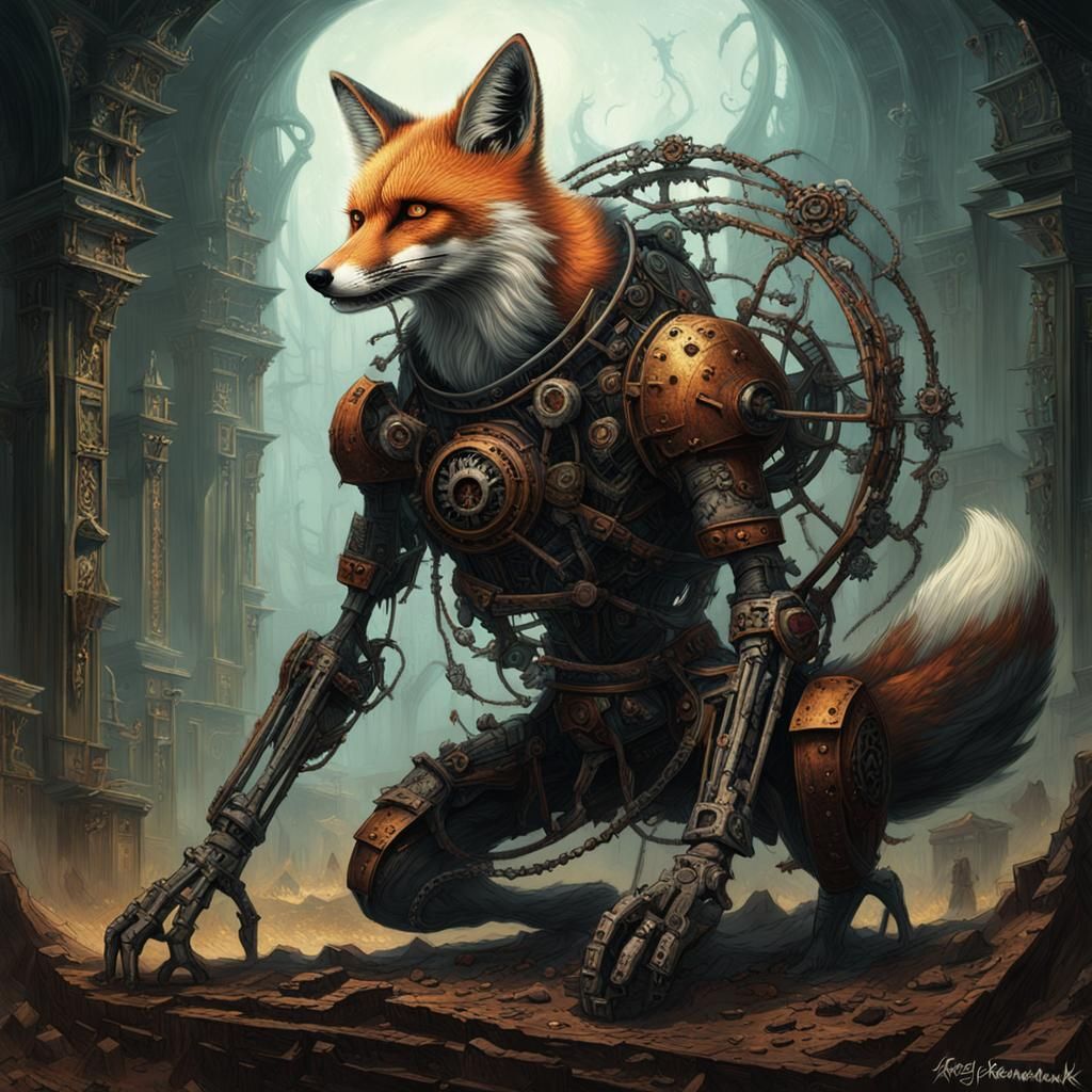Corrupted Construct: A once-noble mechanical fox, now rusted...