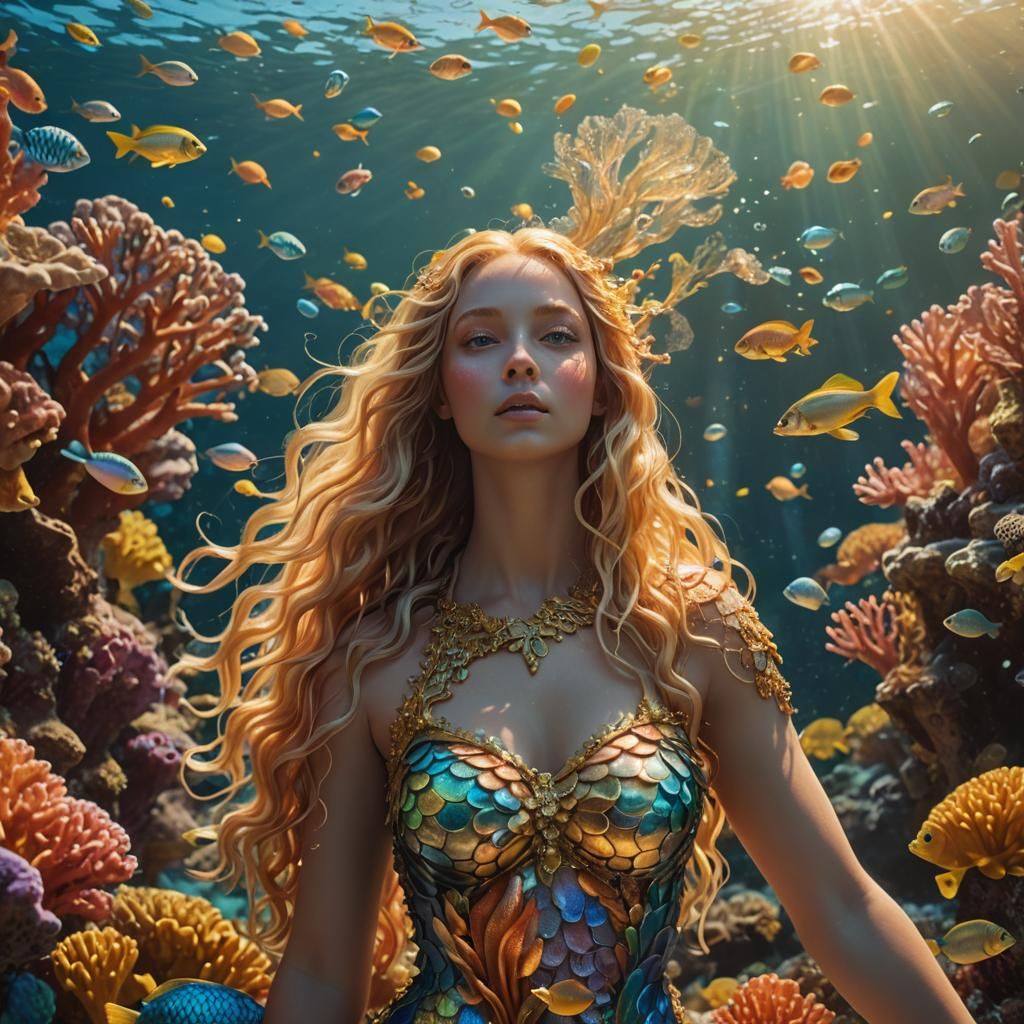 Vibrant Surreal Water Nymph in Sunlit Ocean