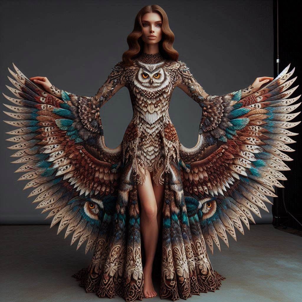 model in a dress designed to look like an owl with spread wings (dress sleeves)