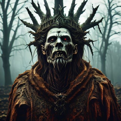 Skeletal King Holds Glowing Orb in Dark Whimsical Art