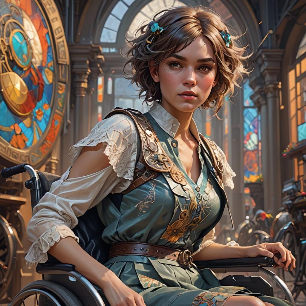  Disabled paraplegic gal, in her wheelchair, 30-year-old with short, fluffy hair wearing short skirt  by @Wilmara