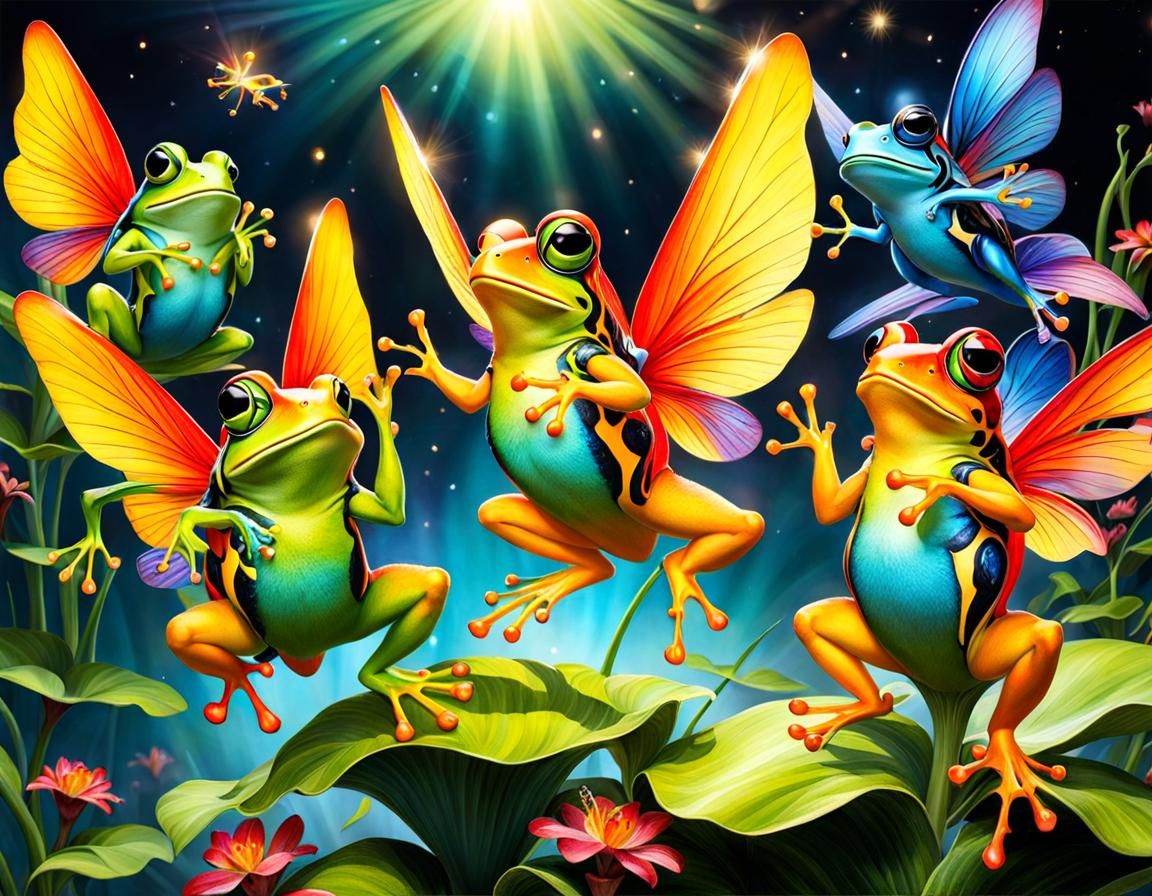 Flamboyant fairy frogs flying, fantasy  by @MG