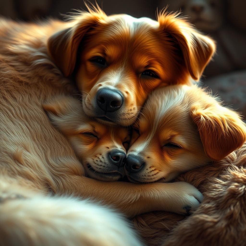 Heartwarming Puppy Snuggled with Mother: Fantasy Concept Art
