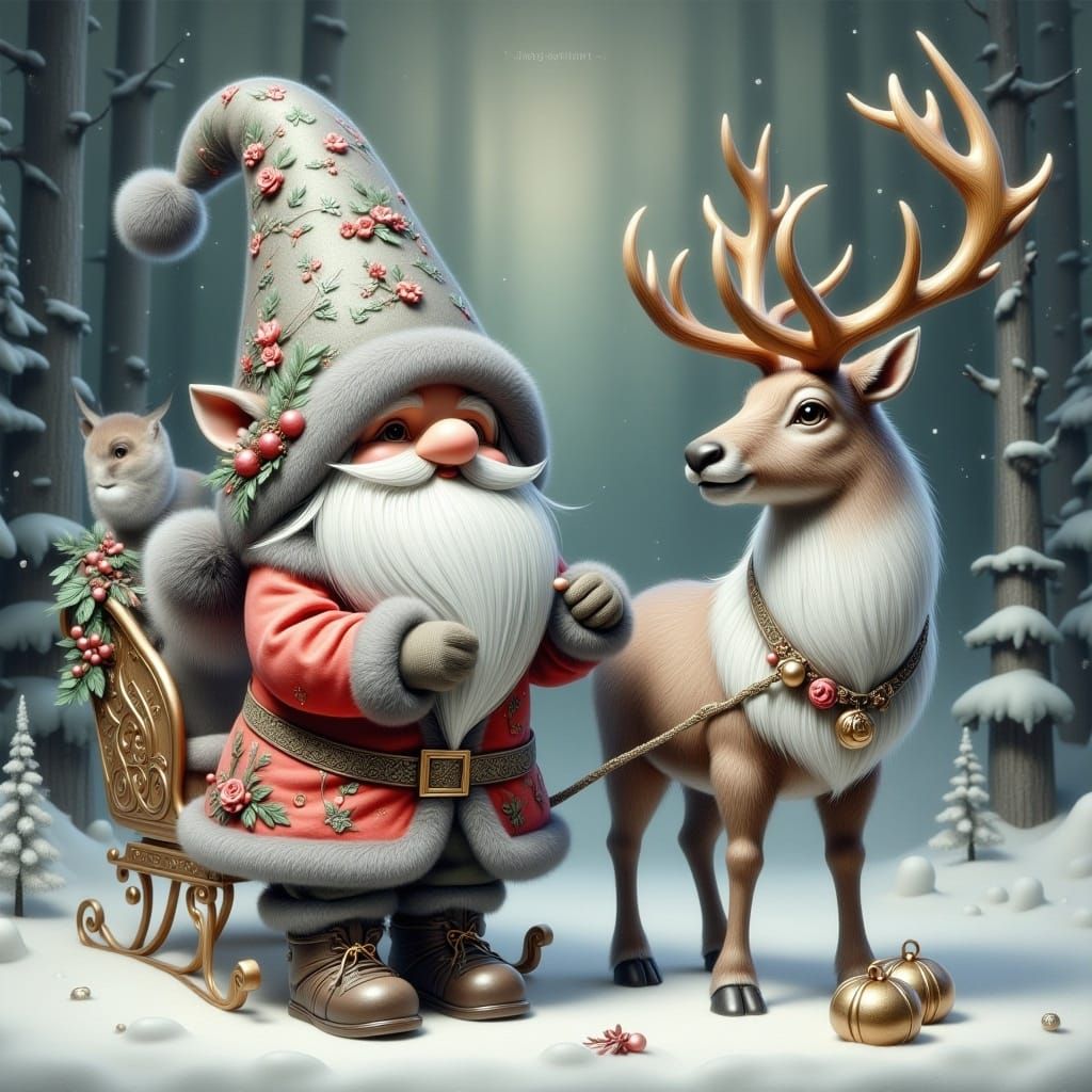 <lora:Scandic Gnomes:1.0><lora: nordic gnome preparing the reindeers for christmas whimsical photorealistic hyperdetailed 3D glossy oil pain...