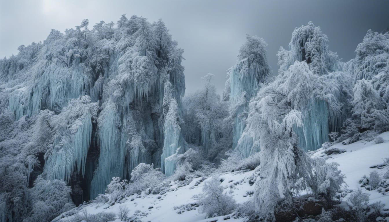 <lora:EpicLandscapes10:1.0> RAW Photo, ultra realistic, crisp, ultrasharp, Trees covered in ice and snow on a mountaintop, blizzard, snow, s...