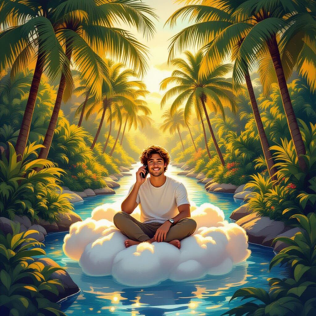 Ethereal Digital Garden with Man on Cloud