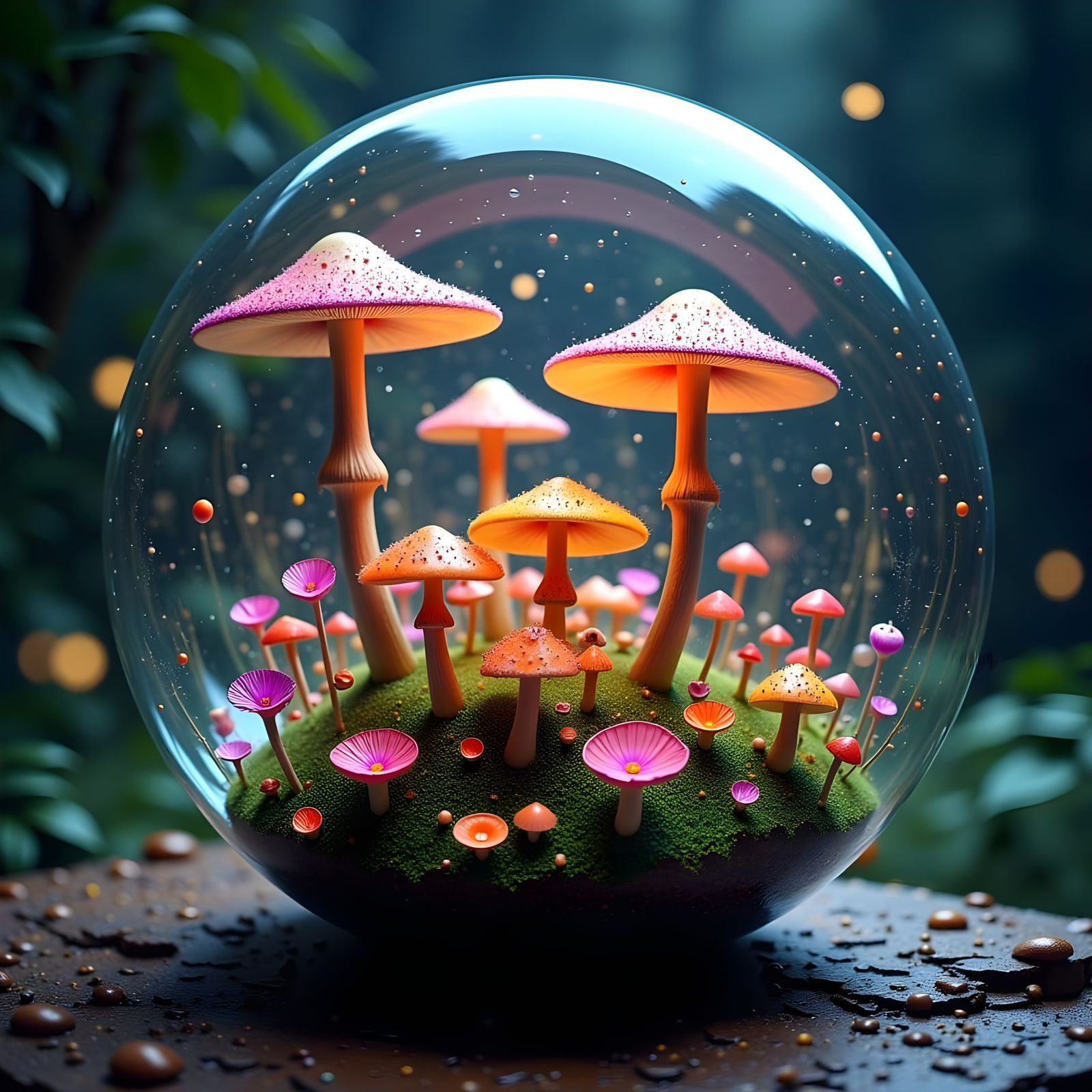 <lora:Surreal:1.0>  beautiful enchanted forest with glowing mushrooms and flowers in a centered glass sphere" maximalist hyperdetailed fanta...