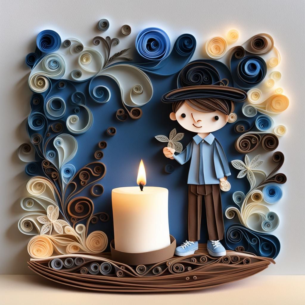 Haredi Boy Holding Quilled Candle Holder in Whimsical Quilli...