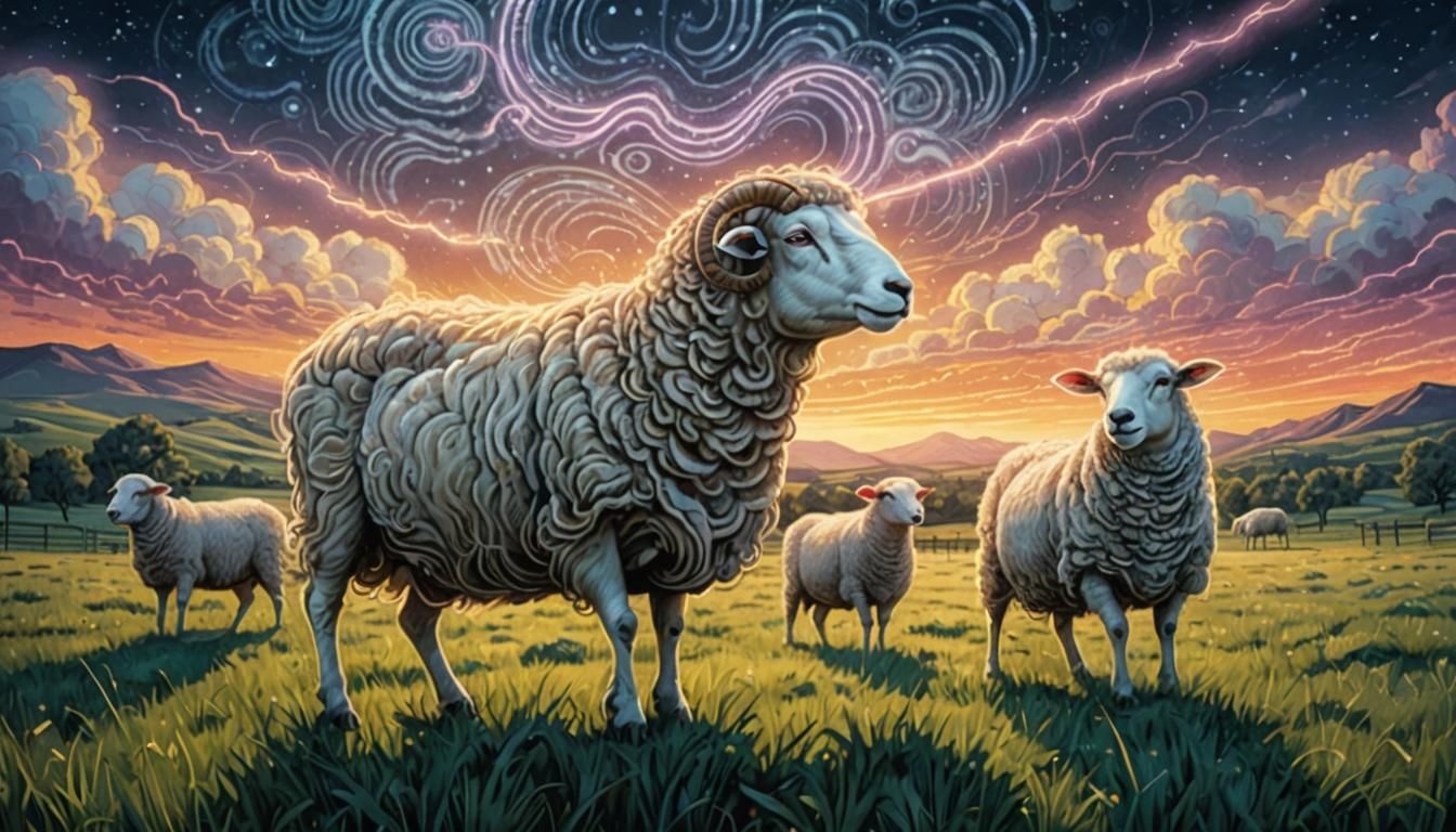 perfect crisp light, wide establishing shot of electric sheep, in a pasture, soft nighttime glow, electric currents ripple across their wool...