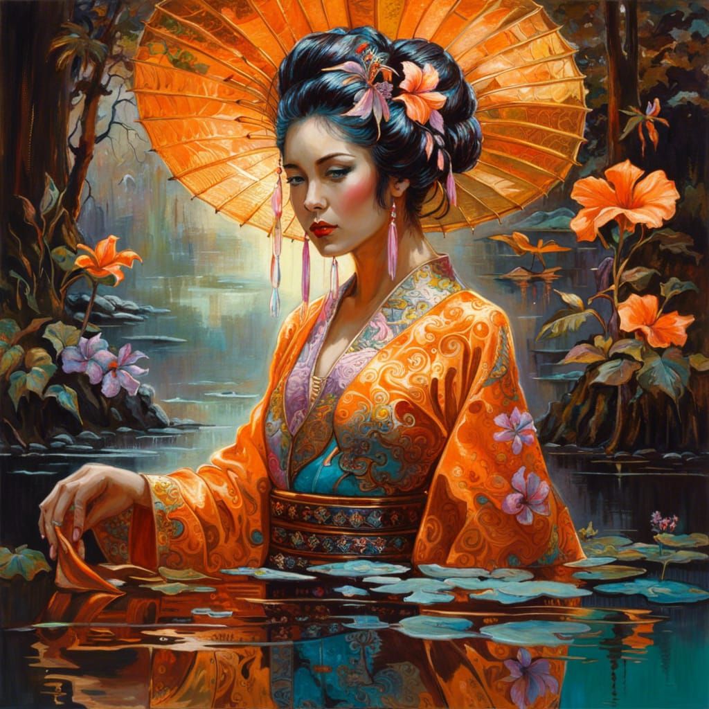 Geisha in Mirrored Reflection: Dark Fantasy Art