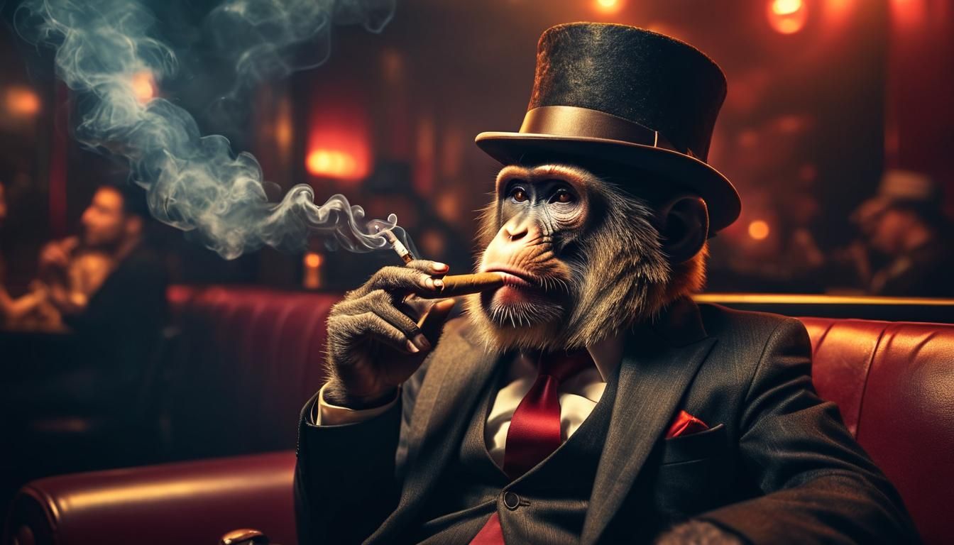 A monkey wearing a top hat smoking a cigar. Lounging in the VIP section of the nightclub. Smokey atmosphere, warm colorful lightning, Moody,...
