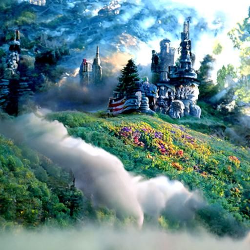Rolling hills under a stormy sky A brilliant white castle in...