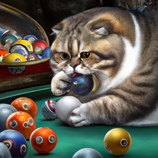 Bowling ball cat playing poker with a trout, oil painting,  ...