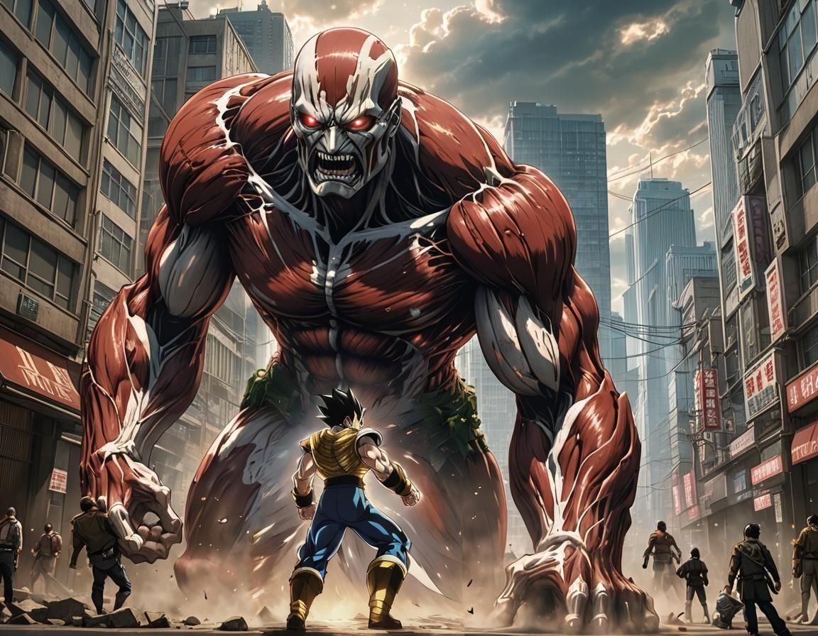 Vegeta vs. Colossal Titan  by @fireflyfiend