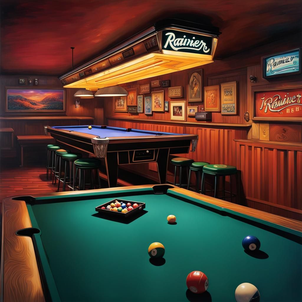 pool table in the bar; juke box on the side, full bar of rainier beer