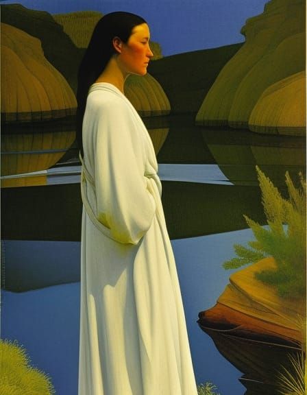 woman, robed in blue waters, river, Jean Giraud, N.C. Wyeth,...