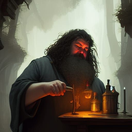 Hagrid potion crafting,
a masterpiece, 8k resolution, dark f...