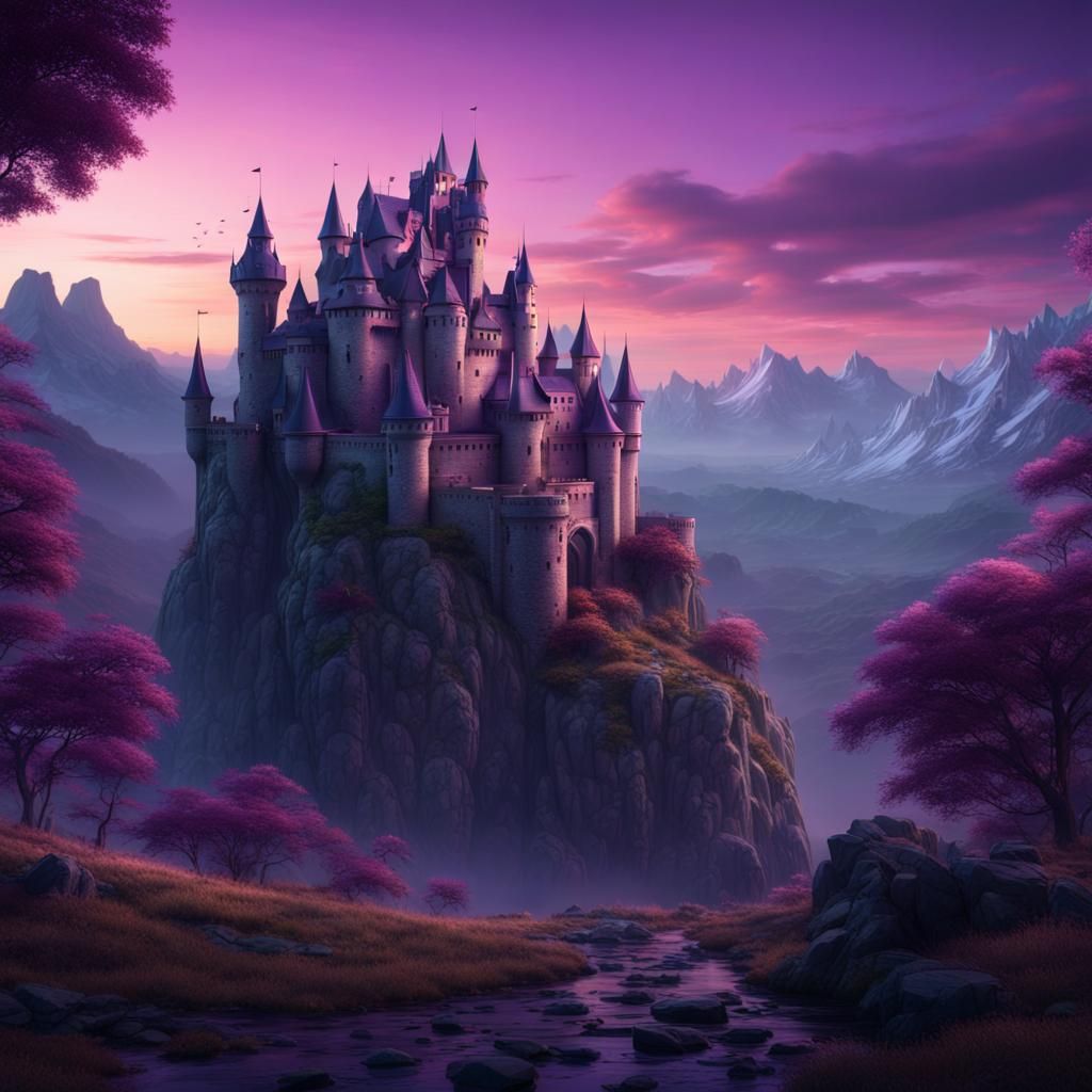 (prompt) castle background on mountain with purple sunset - AI