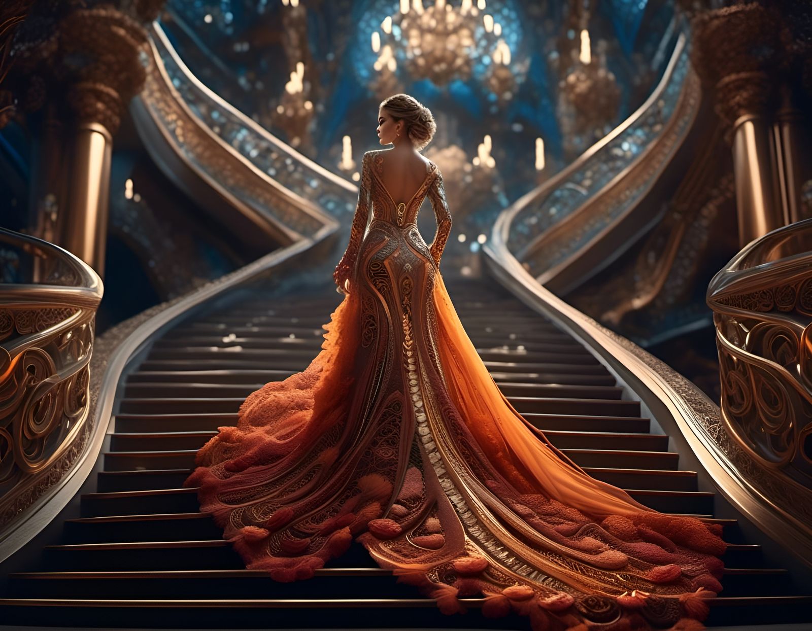 a Lady is walking up a stairway. - AI Generated Artwork - NightCafe Creator