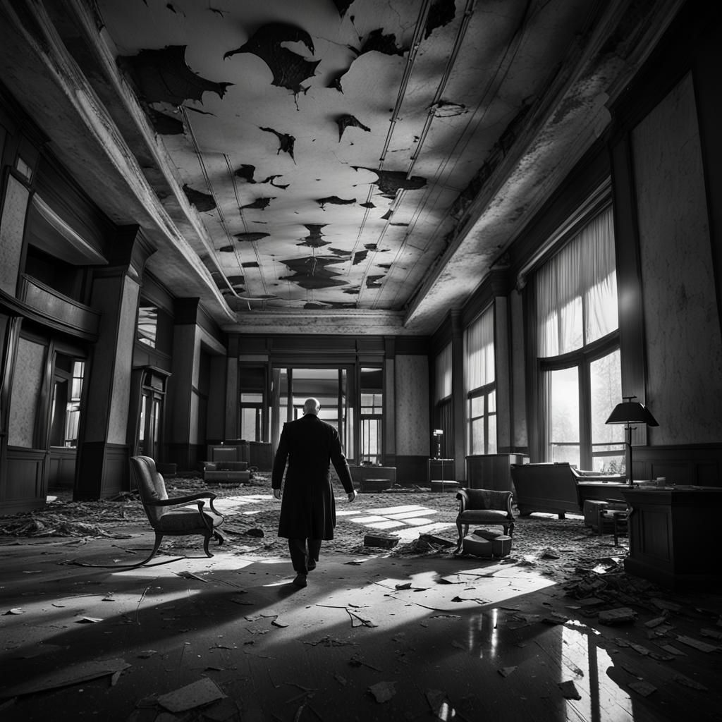 A tall bald man dressed in black walks through an abandoned hotel lobby, past old furniture and the front desk ruined, intricately detailed,...