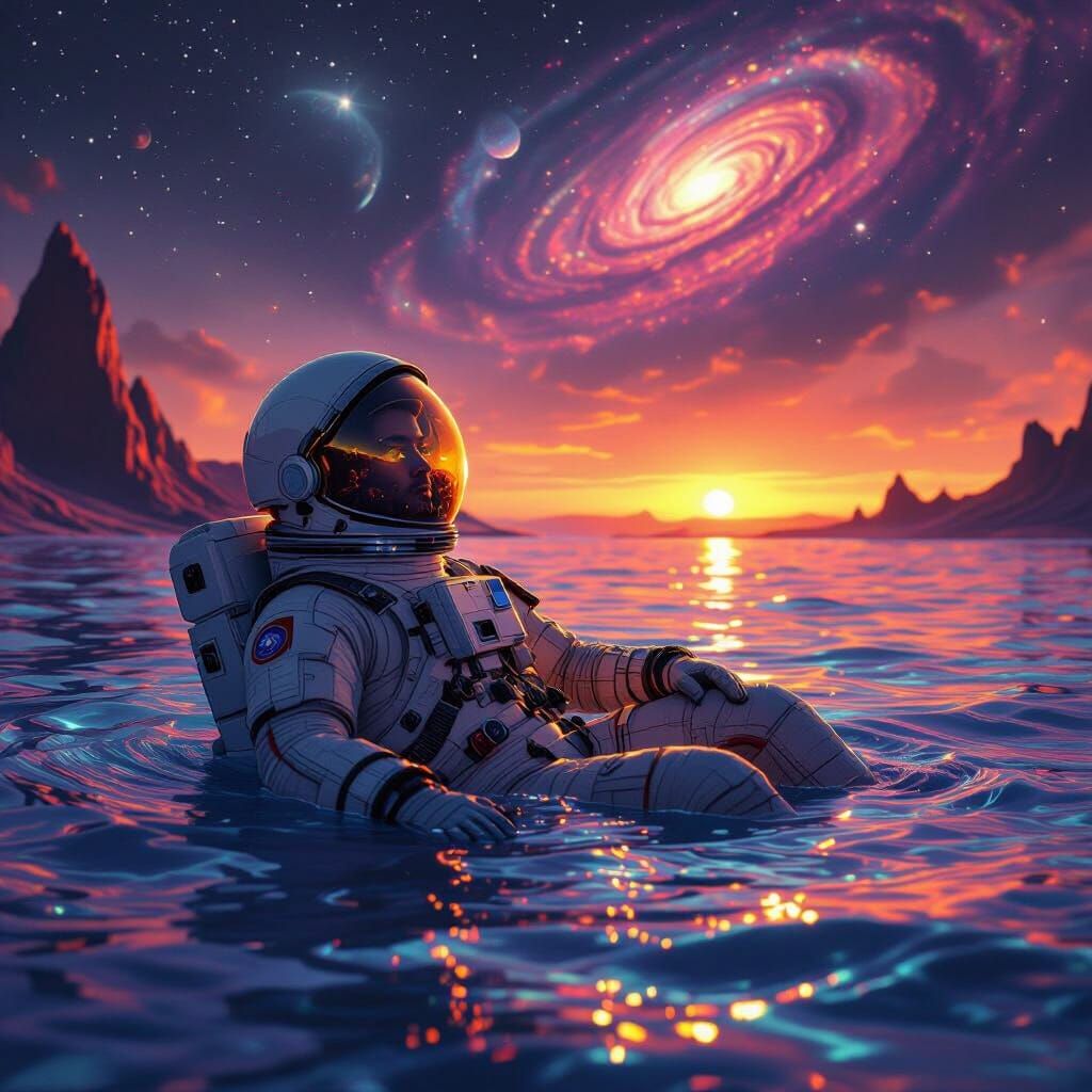 astronaut is floating and looking at the camera the style swirl around the camera pans round to the right catching the c...