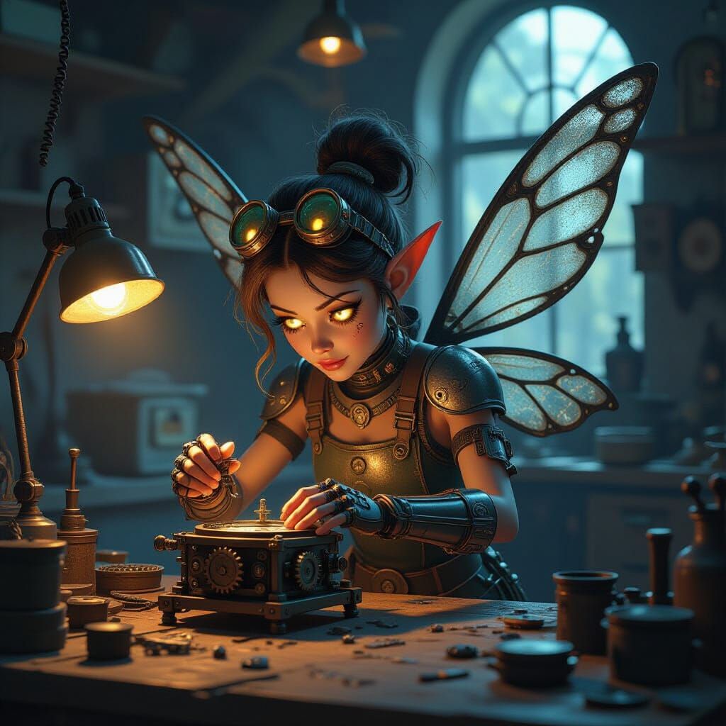 A mechanic fairy with metal wings and glowing eyes tinkers with a broken clockwork contraption in a dimly ...  by @Ambassador of Light