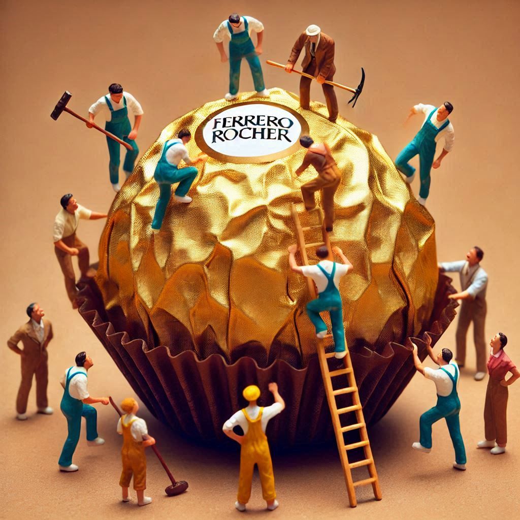surreal miniature people climbing ferrero rocher