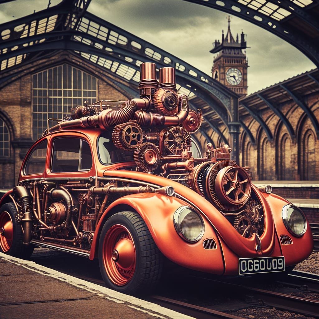 Orange Steampunk vw bug at an old abandoned railway station - AI ...