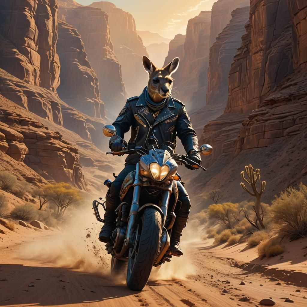 Kangaroo Rides Motorcycle Through Desert Canyon