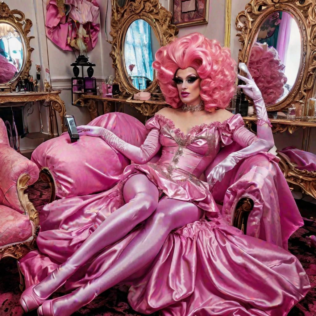 Satin Wonderland of Sissy Dresses and Wigs and Gloves and Makeup Mirrors. Poofy Extravagant Ultra Femme Drag Queen