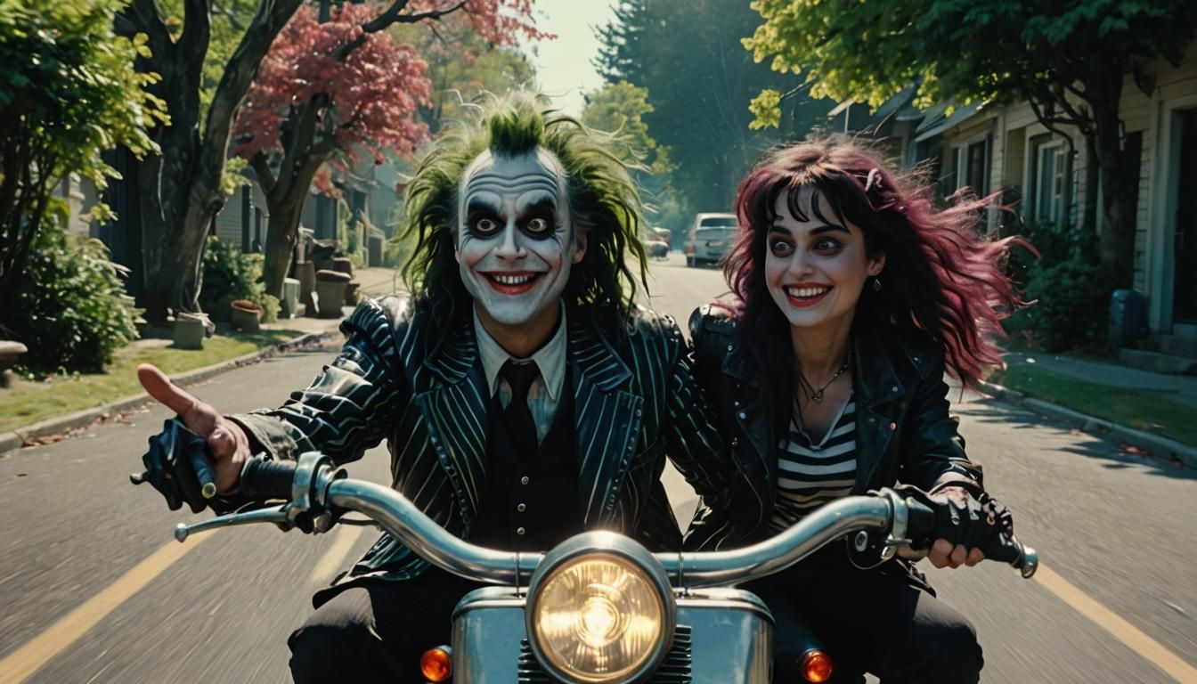 Beetlejuice is driving a motorcycle, Lydia Deetz is sitting behind him