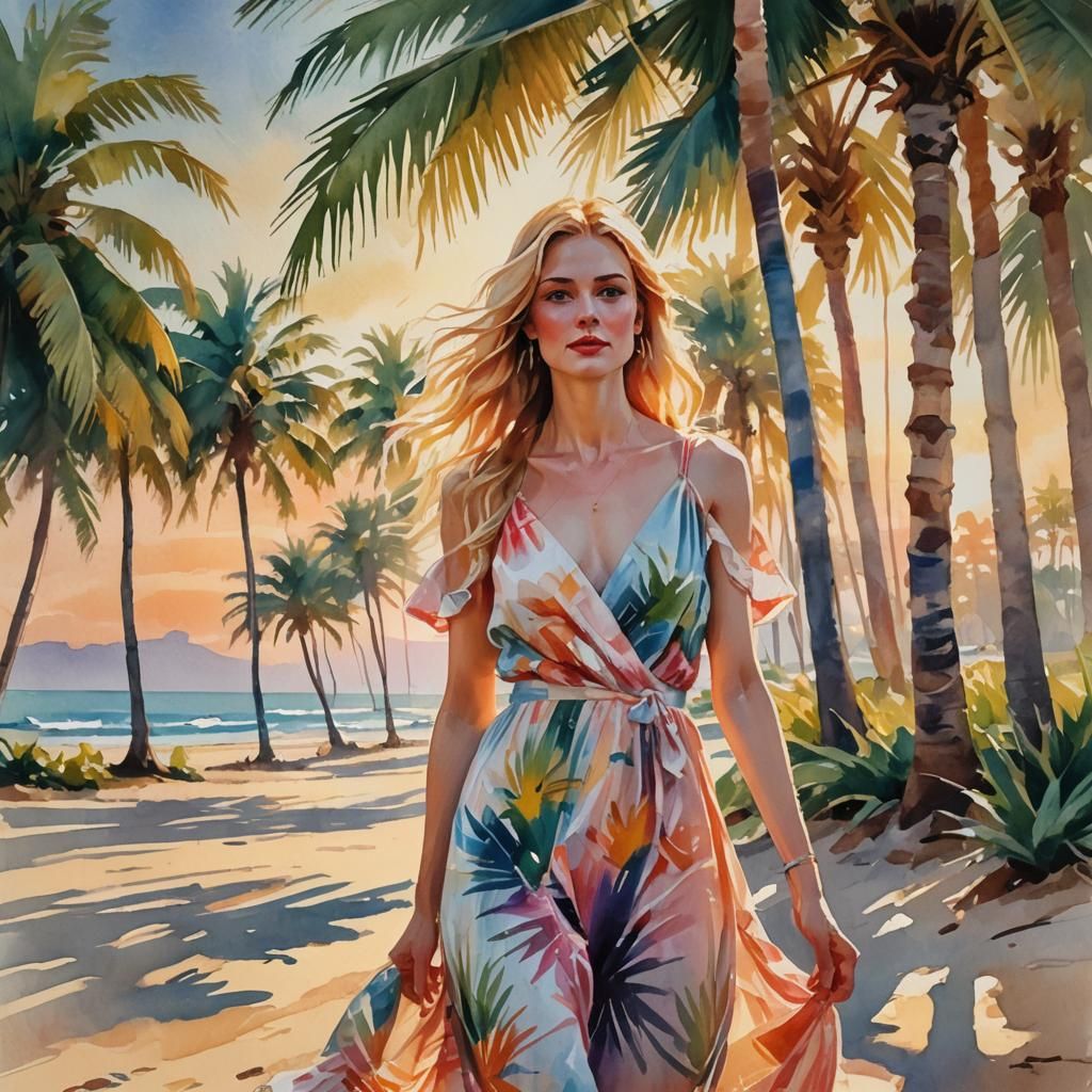 Impressionist Beach Scene with Woman in Sundress