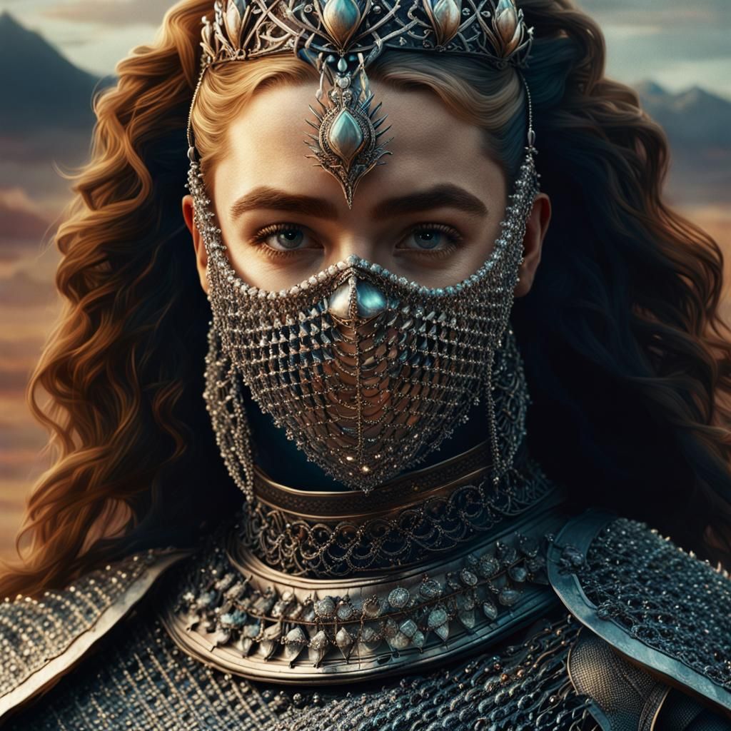 princess irulan, dune, Florence Pugh in chainmail and a chainmail mask ...