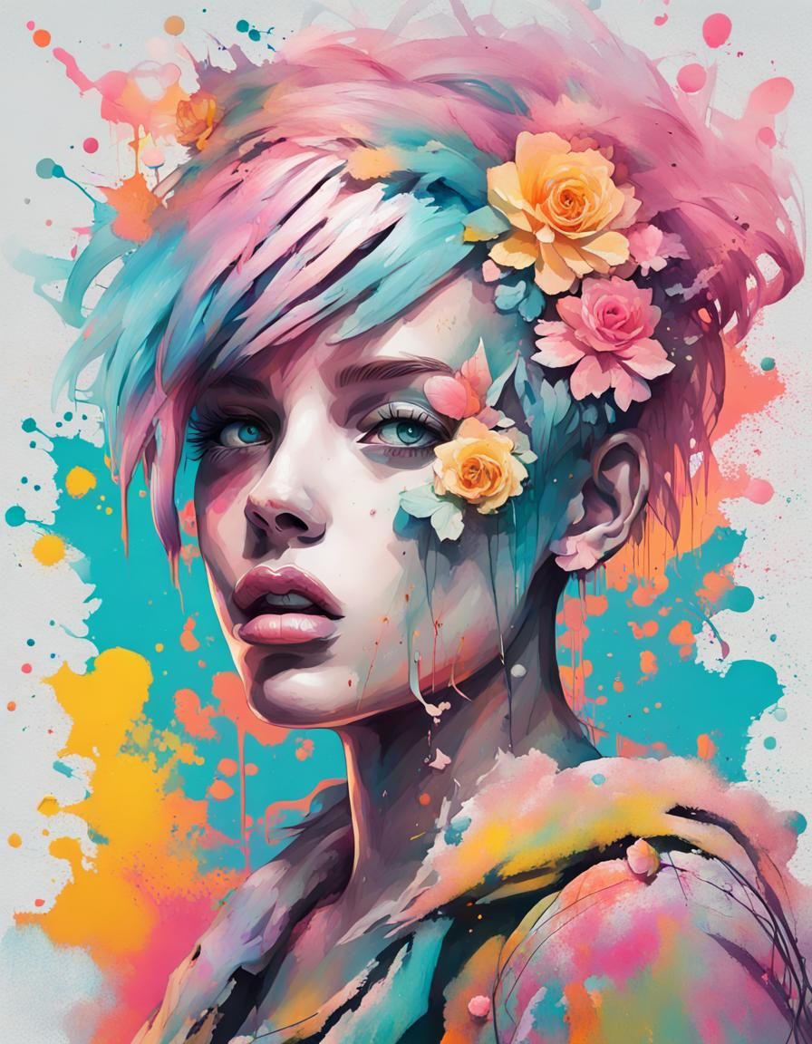 shabby floral pastel paper rebellious punk girl - AI Generated Artwork ...