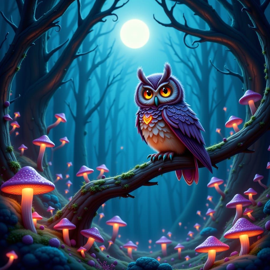A wise old owl perches on a branch in a moonlit forest, its eyes glowing with ancient knowledge. Digital art. The forest is filled with biol...
