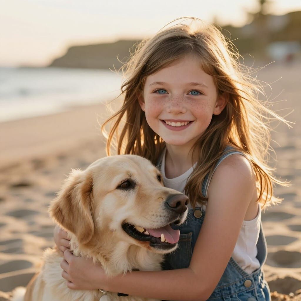 Girl and Dog Play on Beach at Golden Hour