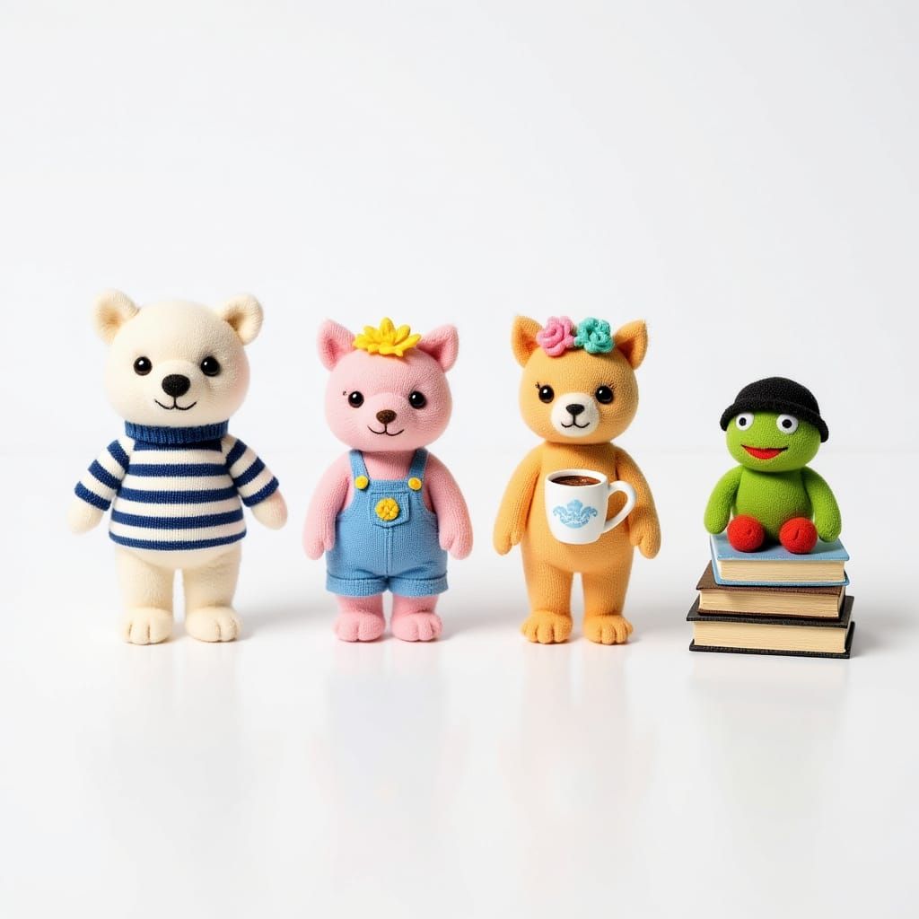 Felted Animals Posing on White Backdrop