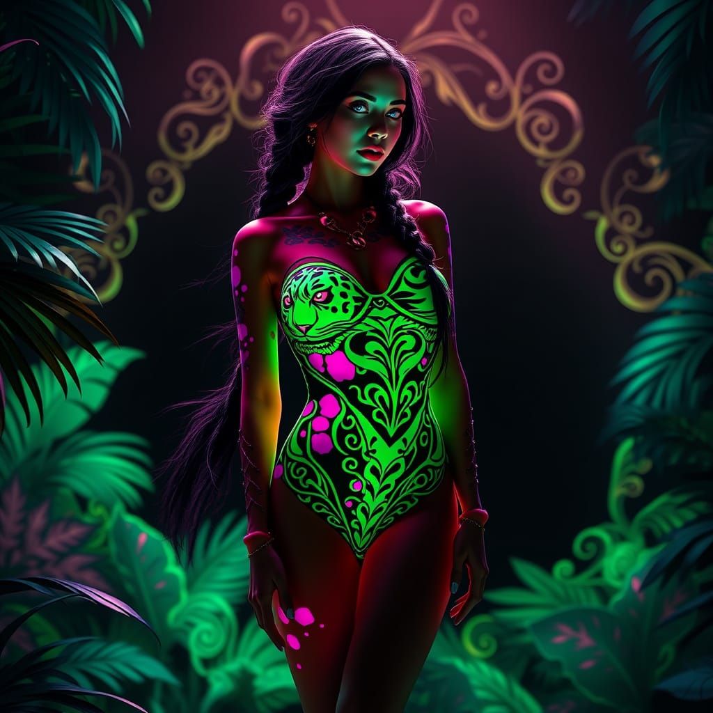 Goth Latina Goddess in Neon Green and Pink Leopard Spots