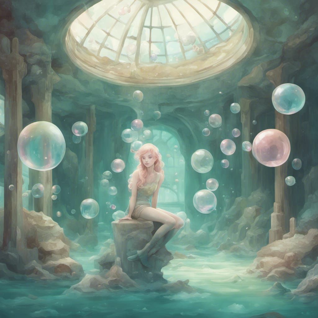 Cute twisted mermaid inside a derelict abandoned underwater ...