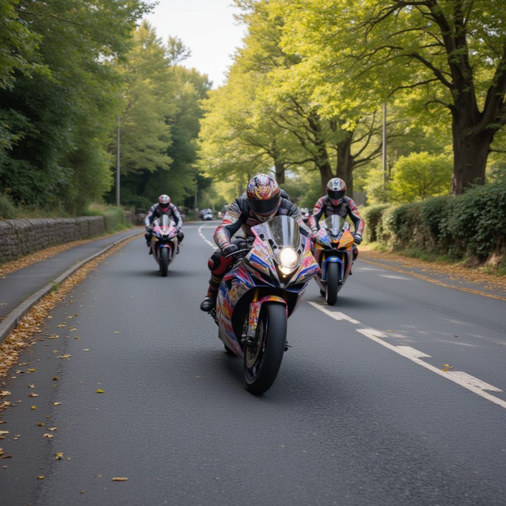 <lora:Motorcycle Racing:1.0> Pastel painted  Motorcycle street racing in the Isle of Man through a tree lined road