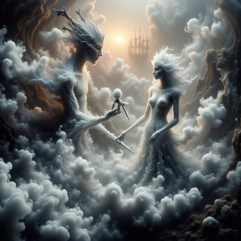 Hyper-Realistic Oil Painting of Hands Creating a Misty Harbo...