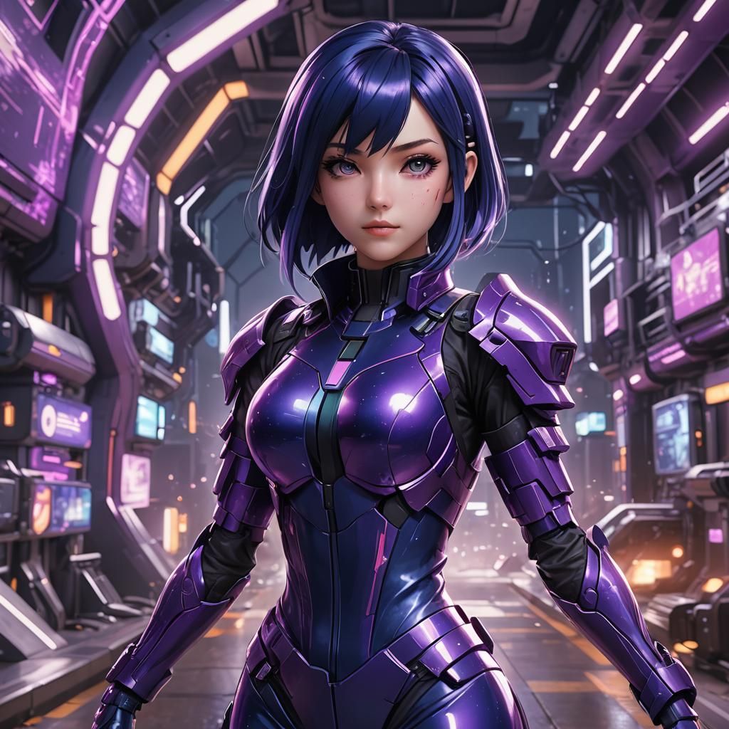 Anime Girl with Blue Hair in Futuristic Style