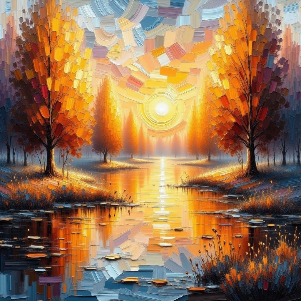 <lora:Oil:1.0> Impasto. Ethereal lake at dusk, golden light reflecting off surface, weeping willow at edge. Impasto landscape. Thick texture...