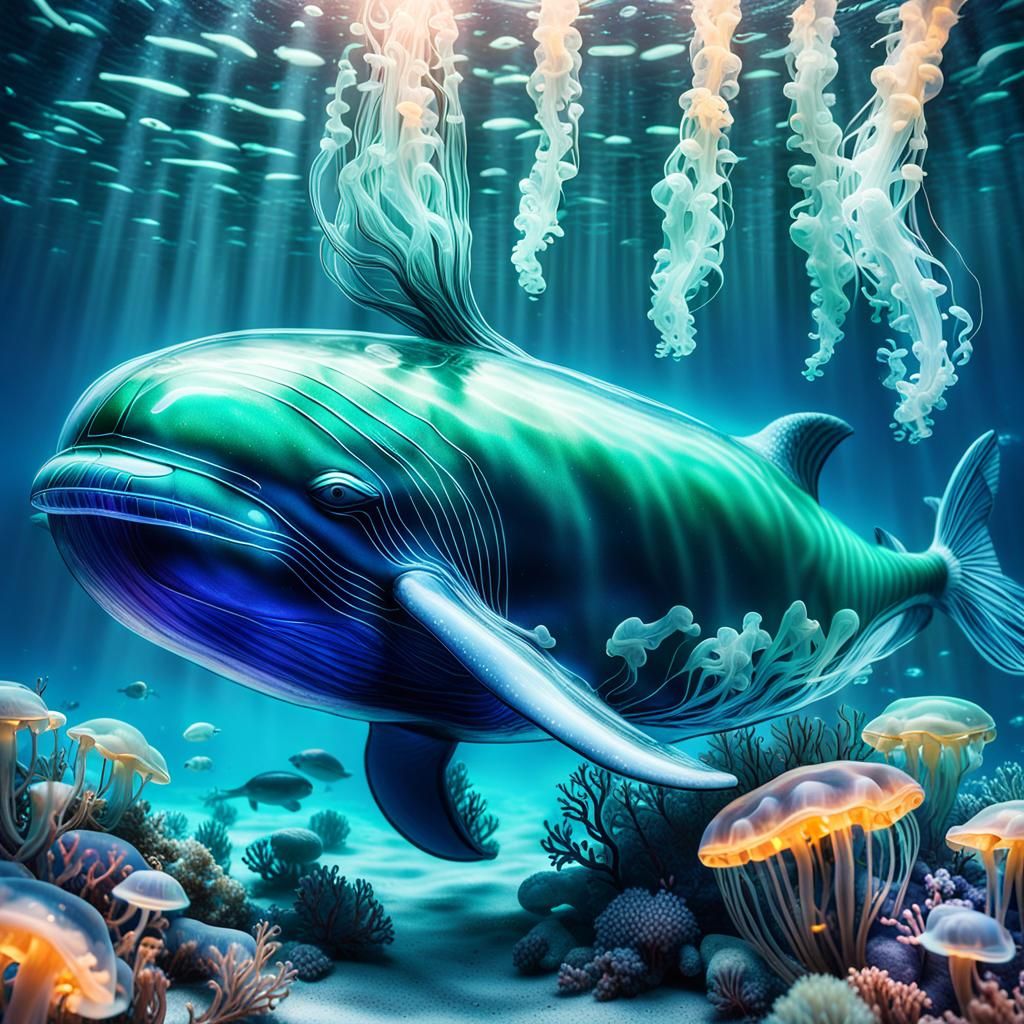 Underwater view of a huge fantastical glowing transparent gl...