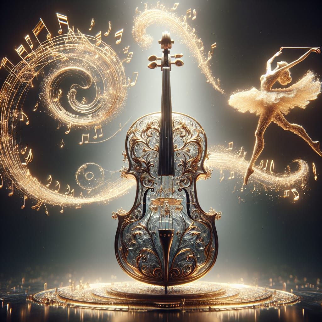 An ornate cello made of crystal-clear glass and gold  by @AlfredStephen