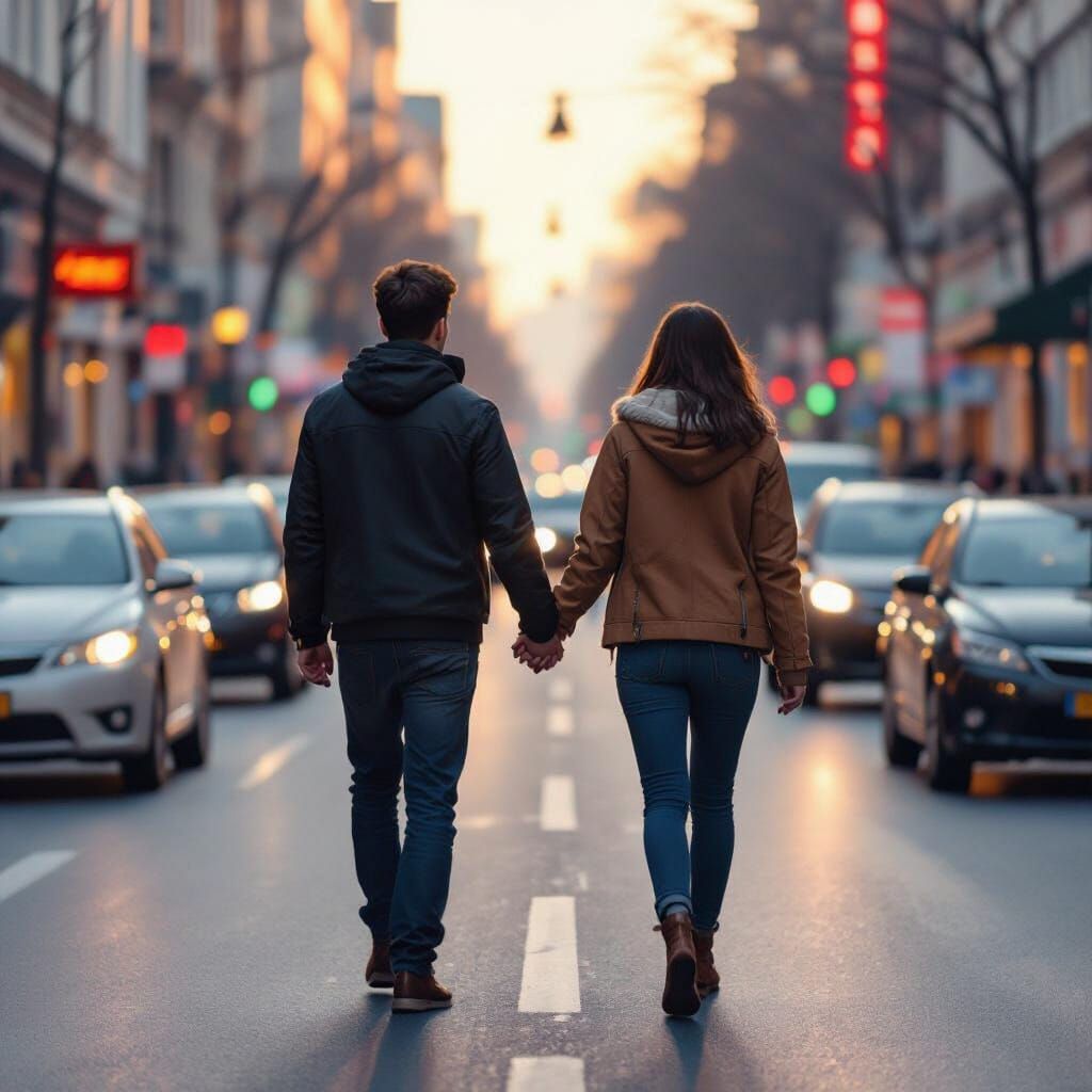 Two People Walking Hand-in-Hand in a Busy Street