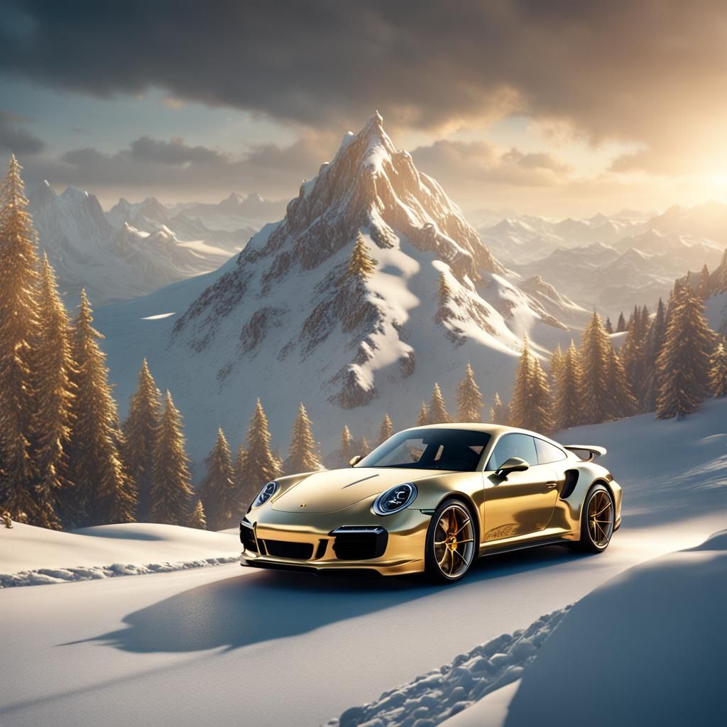 Gold porsche 911 in snowy mountain road
